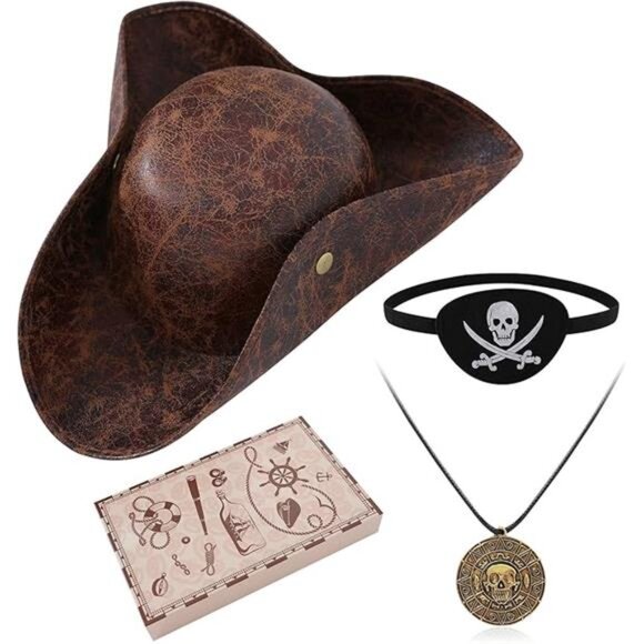 Pirate Hat Costume Tricorn Hat With Eye Patch & Necklaces - Picture 5 of 5